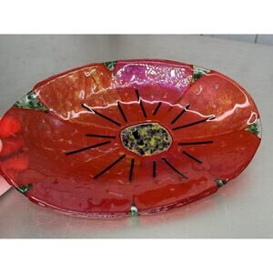 Fused Art Glass Trinket Plate Floral Design Red Orange Oval Unique